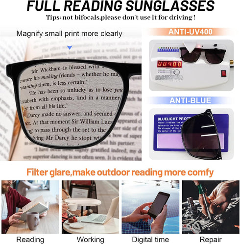 MARE AZZURO Large Square Reader Sunglasses, Men Outdoor Sun Reading Glasses, Black, 1.25