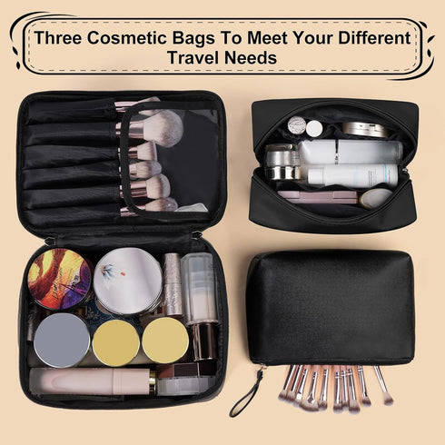 MAANGE Large Makeup Bag with 2pcs Small Bags, Portable Leather Travel Set for Women and Girls, Black