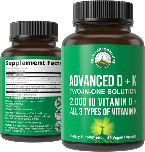 Peak Performance Advanced Vitamin D 2000 IU with Vitamin K1, K2, MK-7, MK-4, 60 Easy to Swallow Vegetable Pills