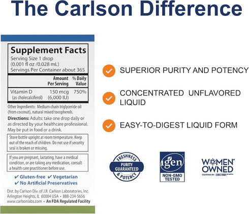 Carlson Super Daily D3, 6000 IU (150 mcg) Liquid Vitamin D3, 1-Year Supply, Non-GMO, Unflavored, 365 Vegetarian Drops