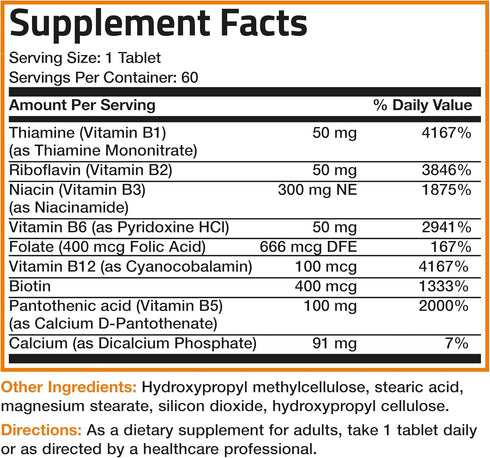 Bronson Super B Vitamin B Complex, Sustained Slow Release, Contains All B Vitamins, 60 Tablets