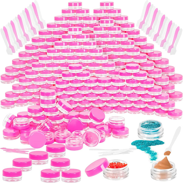 MotBach 100 Pcs 3g Empty Plastic Containers with Lids, Tiny Makeup Sample Containers, Pink Round Jars