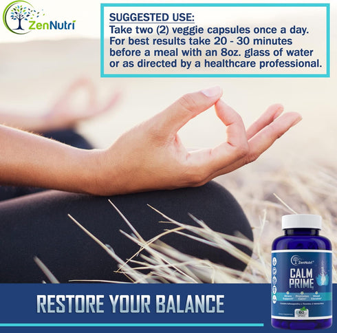 Calm Prime Stress Relief Supplement Non-Drowsy | Mood Support | Vegan Daytime Stress Vitamins - 60 Count