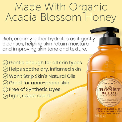Perlier Sweet Honey Miel Shower & Bath Cream - Nourishing & Soothing Luxury Bath Cream Made With 100% Organic Italian Honey For Deep Moisturization And Hydration (8.4 Fluid Oz.)