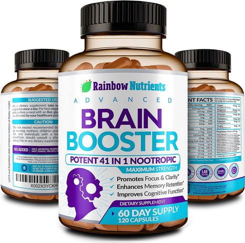 40-in-1 Brain Booster Supplements, Natural Nootropic Brain Support with DMAE, Bacopa Monnieri, 120 V Capsules