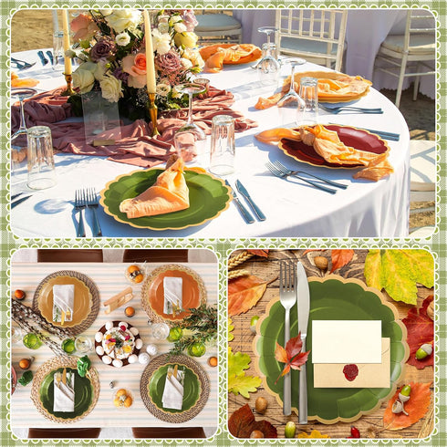 Tiangrid 48 9 Inch 6 Pcs Green and Brown Paper Plates Gradient Woodland Scalloped Paper Plates Disposable Dinner