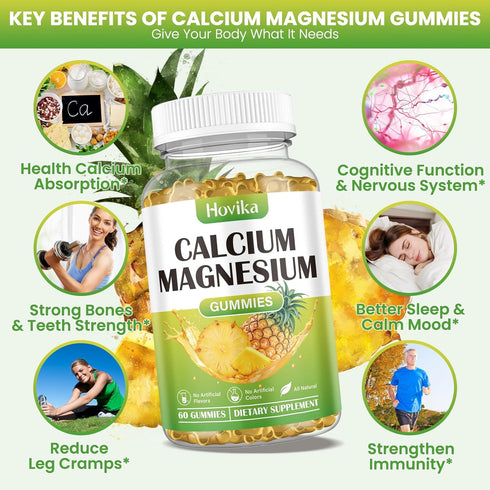 Calcium Magnesium Zinc Gummies, 2:1 Ratio with Vitamin D3, K2, B6, B12 for Bone Strength, 60 Gummies