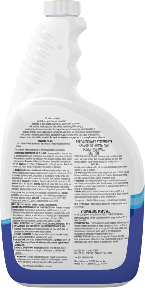 Diversey CBD540540 All Purpose Disinfectant Cleaner, Kills 99.9% of Germs, Lemon Scent, Ready-to-Use Spray, 32-Ounce