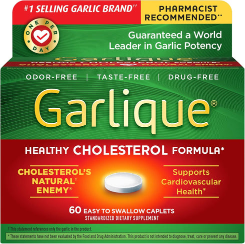 Garlique Garlic Extract Supplement, 60 Caplets, Healthy Cholesterol Formula, Odorless & Vegan-Friendly