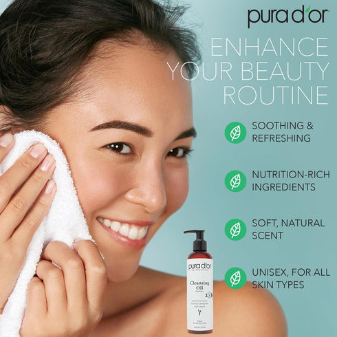 PURA D'OR 8 Oz Facial Cleansing Oil - Nourishing Botanical Blend with Vitamin, Jojoba, Sunflower Oil, Paraben-Free