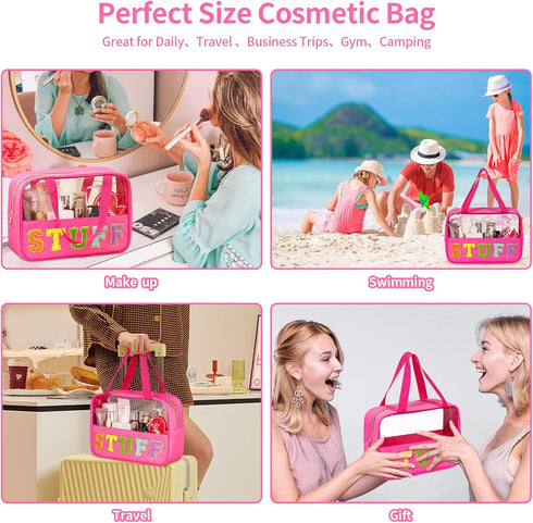 Chenille Letter Patch Clear Makeup Bag, Preppy Nylon with Handle and Zipper, Waterproof Travel Toiletry Bag