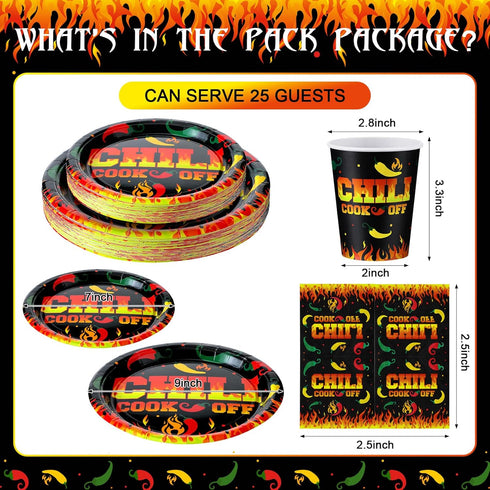 Sliner 100 Pcs Chili Cook Off Paper Party Supplies, 9'' Dinner Plates, 7'' Dessert Plates, and Napkins