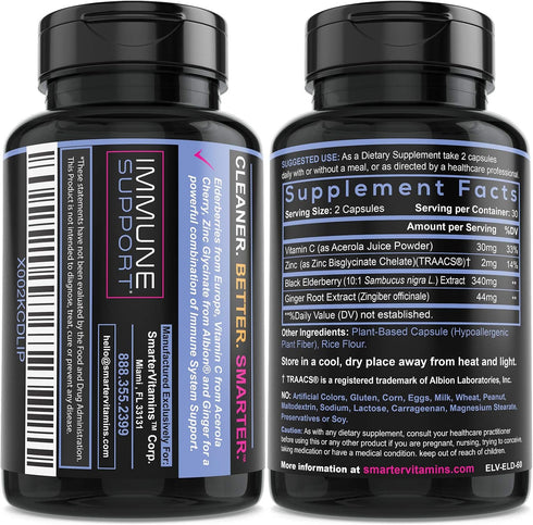 Smarter Elderberry Capsules + Vitamin C + Ginger & Zinc, Herbal Supplement, Powerful Black Elder Berry Extract, 60