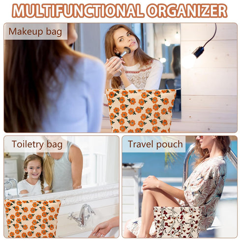 2Pcs Daisy Flower Makeup Bag Travel Cute Cosmetic Bags for Women Large Floral Makeup Pouch Zipper Cosmetic Pouch Set for Purse Aesthetic Corduroy Makeup Organizer Bag Portable Toiletry Bag