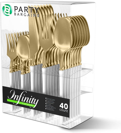 Party Bargains Disposable Plastic White Gold Cutlery Set, 40 Pack with 16 Forks, 8 Knives, 16 Spoons, Infinity Modern