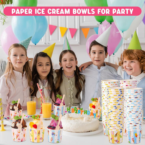Ninehaoou 100 Sets 6 oz Frozen Ice Cream Cups Bulk with Spoons Disposable Dessert Bowls Colorful Ice Cream Bowls