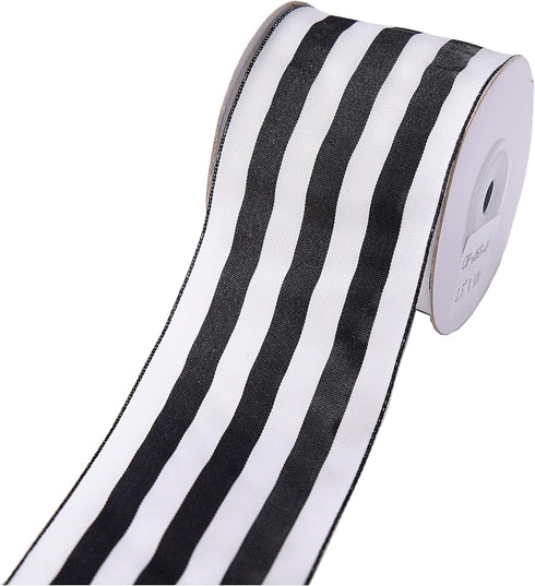 2.5 Inch Wide Wired Gift Wrapping Ribbon, 10 Yards, Black White Stripe for Crafts, Christmas Tree Decor