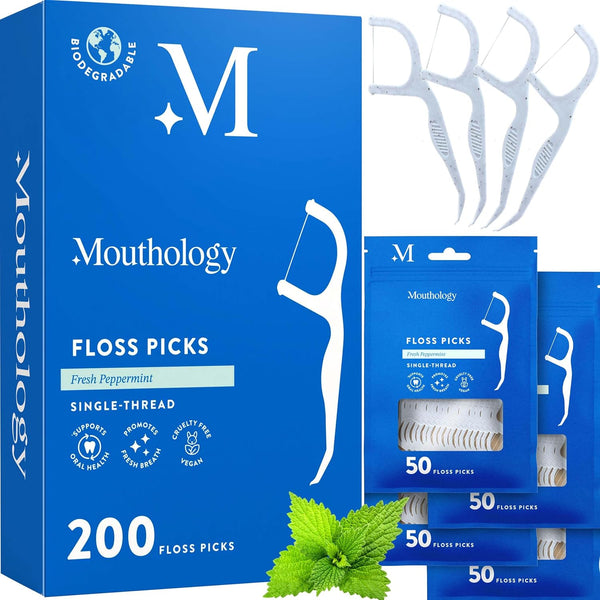 Mint Flavored Dental Floss Picks, Planet-Friendly Wheat Straw Tooth Flossers, Reusable Compostable (200 Count)
