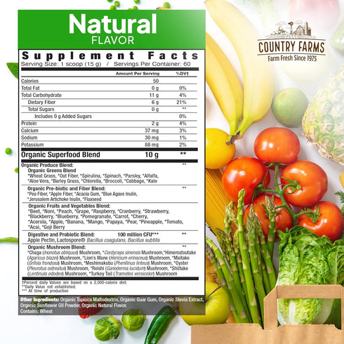 COUNTRY FARMS Super Greens Natural Flavor, 50 Organic Super Foods, 60 Servings Drink Mix with Fiber and Probiotics
