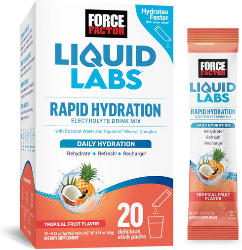 FORCE FACTOR Liquid Labs Electrolytes Powder, 20 Stick Packs for Hydration with 5 Essential Electrolytes