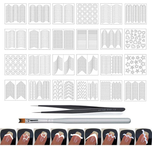 WOKOTO 24 Sheets French Nail Stickers for Women, Heart Shape, Star, Wave, Smile Shapes with Tweezers and Brush Set