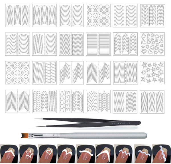 WOKOTO 24 Sheets French Nail Stickers for Women, Heart Shape, Star, Wave, Smile Shapes with Tweezers and Brush Set