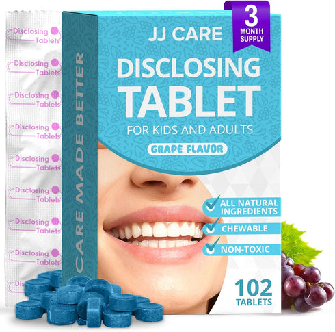 JJ Care Disclosing Tablets for Teeth | 102 Count Grape Flavored Plaque Tablets for Kids and Adults