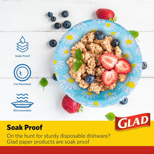 Glad Everyday Disposable Paper Bowls, 12 oz, 50 Count with Lovely Daisies Design, Cut-Resistant & Microwavable
