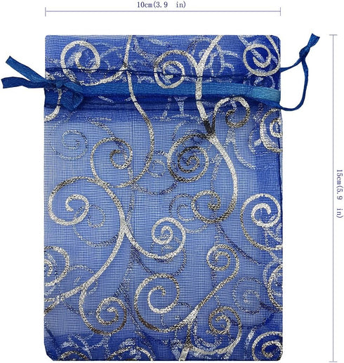 100pcs Sheer Organza Favor Bags for Wedding Baby Shower - Rattan Print Gift Bags, Drawstring Pouches (4x6 inch, blue)