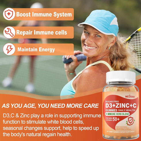 Sugar Free Vitamin C + D3 + Zinc Gummies for Adults 50+, 9 in 1 Immune Defense Supplement with Elderberry, Echinacea