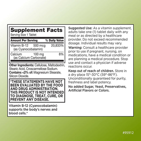 Quality Choice Vitamin B12 500 MCG, Energy, Metabolism, & Nervous System Support Supplement 100 Count Bottle of Tablets