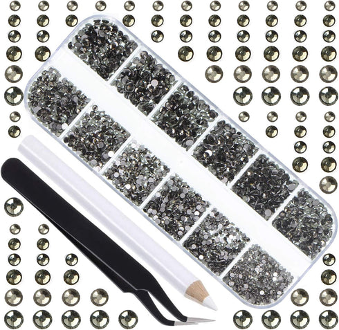 LPBeads 3456 Pieces Transparent Black Flat Back Round Crystal Rhinestones - 6 Sizes for Crafts, DIY with Tweezers