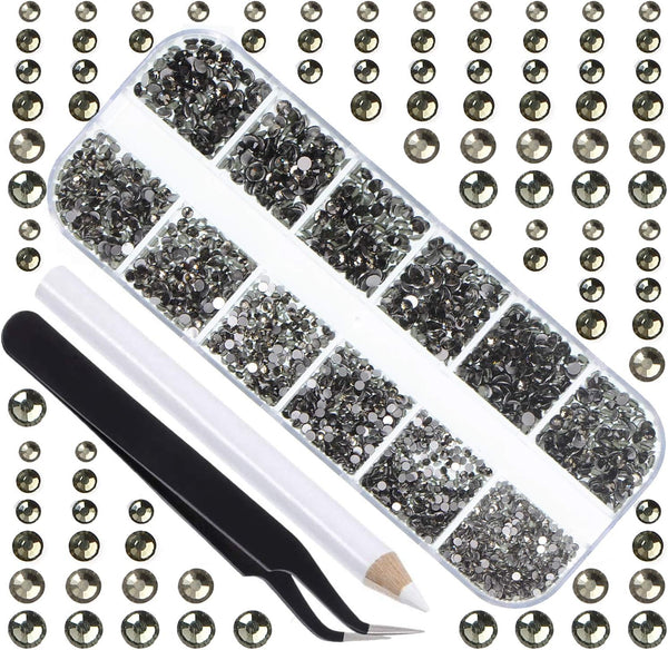 LPBeads 3456 Pieces Transparent Black Flat Back Round Crystal Rhinestones - 6 Sizes for Crafts, DIY with Tweezers