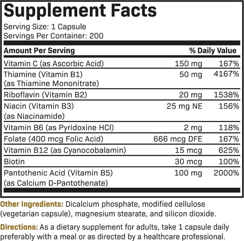 Futurebiotics Vitamin B Complex with Vitamin C, 200 Vegetarian Capsules for Energy & Immune Support