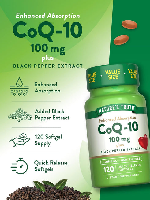 Nature's Truth CoQ10 100mg, 120 Softgels, High Absorption Coenzyme Supplement with Black Pepper Extract