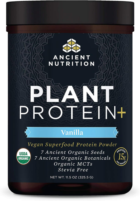 Ancient Nutrition Organic Plant Protein +, Vegan Protein Powder, Vanilla, 11.5 oz, Non-GMO, Gluten-Free