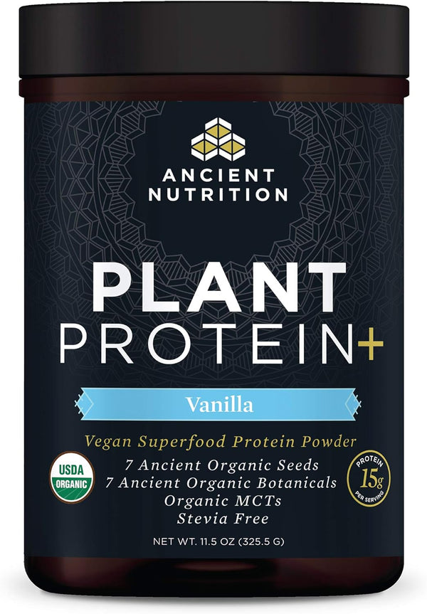 Ancient Nutrition Organic Plant Protein +, Vegan Protein Powder, Vanilla, 11.5 oz, Non-GMO, Gluten-Free