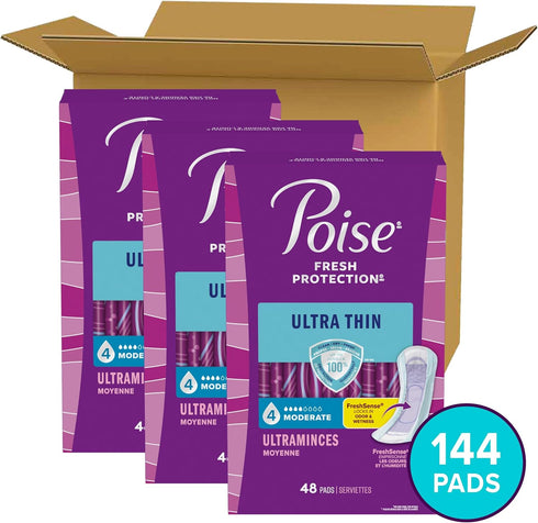 Poise Ultra Thin Incontinence Pads & Postpartum Pads for Bladder Leaks, 4 Drop Moderate Absorbency, 144 Count