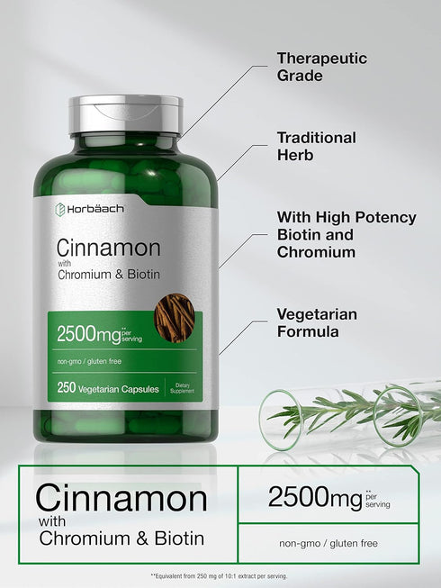 Cinnamon with Chromium Picolinate 2500mg - 250 Capsules, plus Biotin, Vegetarian, Non-GMO, Gluten Free