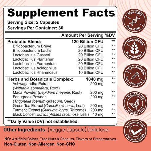 Trehealtt 120 13-in-1 120 Menopause supplements for women, Billion CFU Probiotic, Herbs & Botanicals Complex