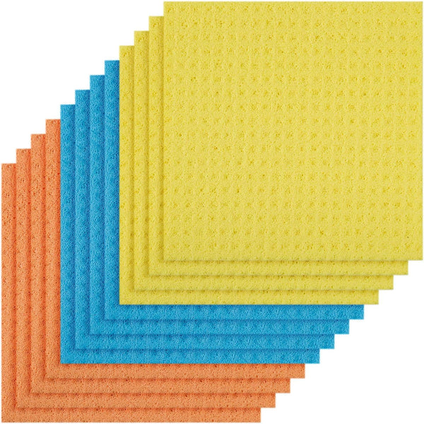 Magic Clean Cellulose Sponge Cloths - 4 Packs of 3 (Total 12 Sponge Cloths) in Yellow, Blue, Orange