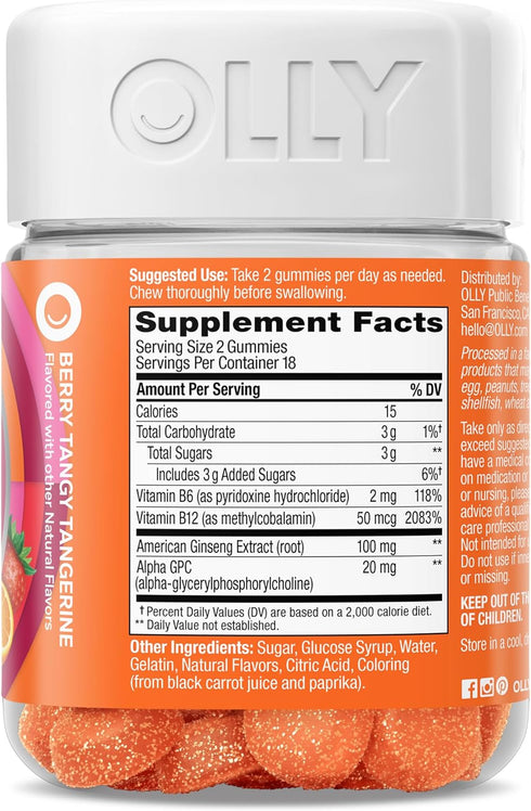 Gummy, 36 Count OLLY Laser Focus Ginseng, Alpha GPC, B Vitamins, Berry Tangerine Flavor