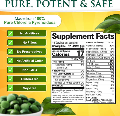 Sunlit USDA Organic Premium Chlorella Tablets, 500 Tabs, 100% Pure Superfood Supplement High in Protein and Vitamins