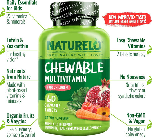 NATURELO Chewable Vitamin for Kids - Multivitamin with Whole Food Organic Fruit Blend, 60 Tablets for Children