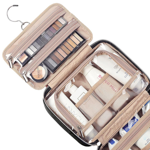 NISHEL Travel Toiletry Bag for Women - Portable Hanging Organizer for Full-Sized Shampoo and Accessories, Black