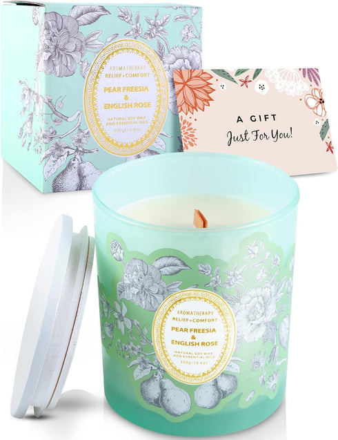 Pack Set 2 10.6 Oz Pear Freesia English Rose and Peach Mango Citrus Scented Wood Wick Candles Variety | Aromatherapy