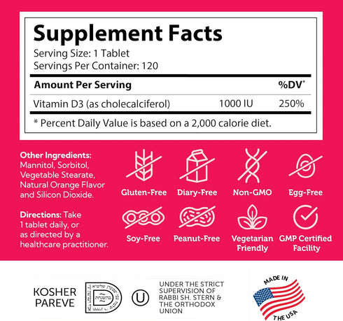 Zahler Junior D3 Vitamins 1000 IU for Kids, Kosher Orange Flavor, 120 Count