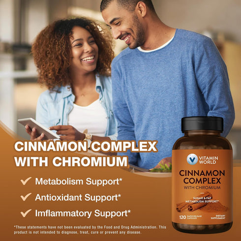 Vitamin World Cinnamon Complex 1000 mg with Chromium, 120 Capsules, Gluten Free for Healthy Metabolism & Antioxidant