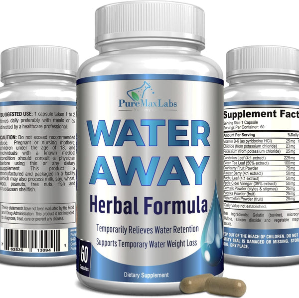 Water Away Gentle Herbal Diuretic, Natural Diuretic Water Pills for Bloating Relief, 60 Capsules with Dandelion Leaf