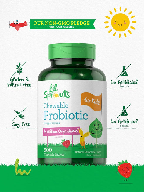 Carlyle Probiotics for Kids | 200 Chewable Tablets | 6 Billion CFUs | Raspberry Flavor | Non-GMO, Gluten Free